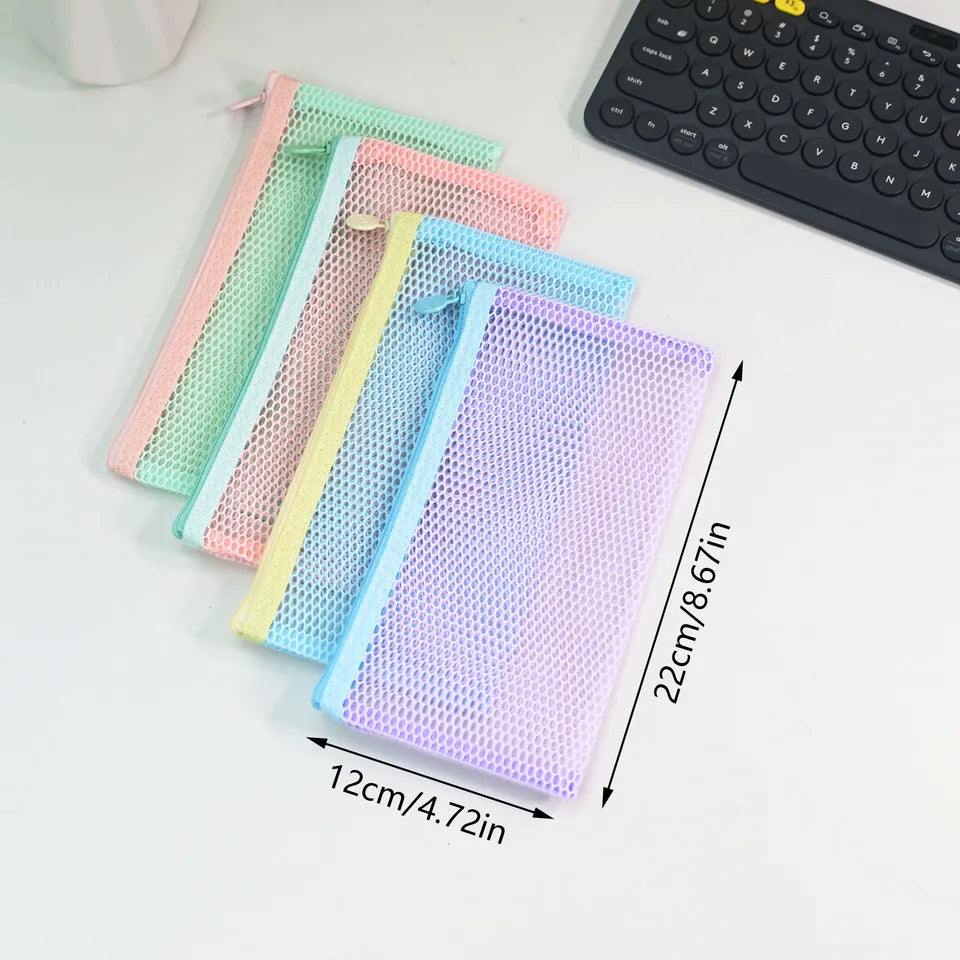 Macaron Mesh Zipper Pouch 5 Colors, Honeycomb Mesh Pencil Case, Portable Document Stationery Storage Bag for School Office Trave