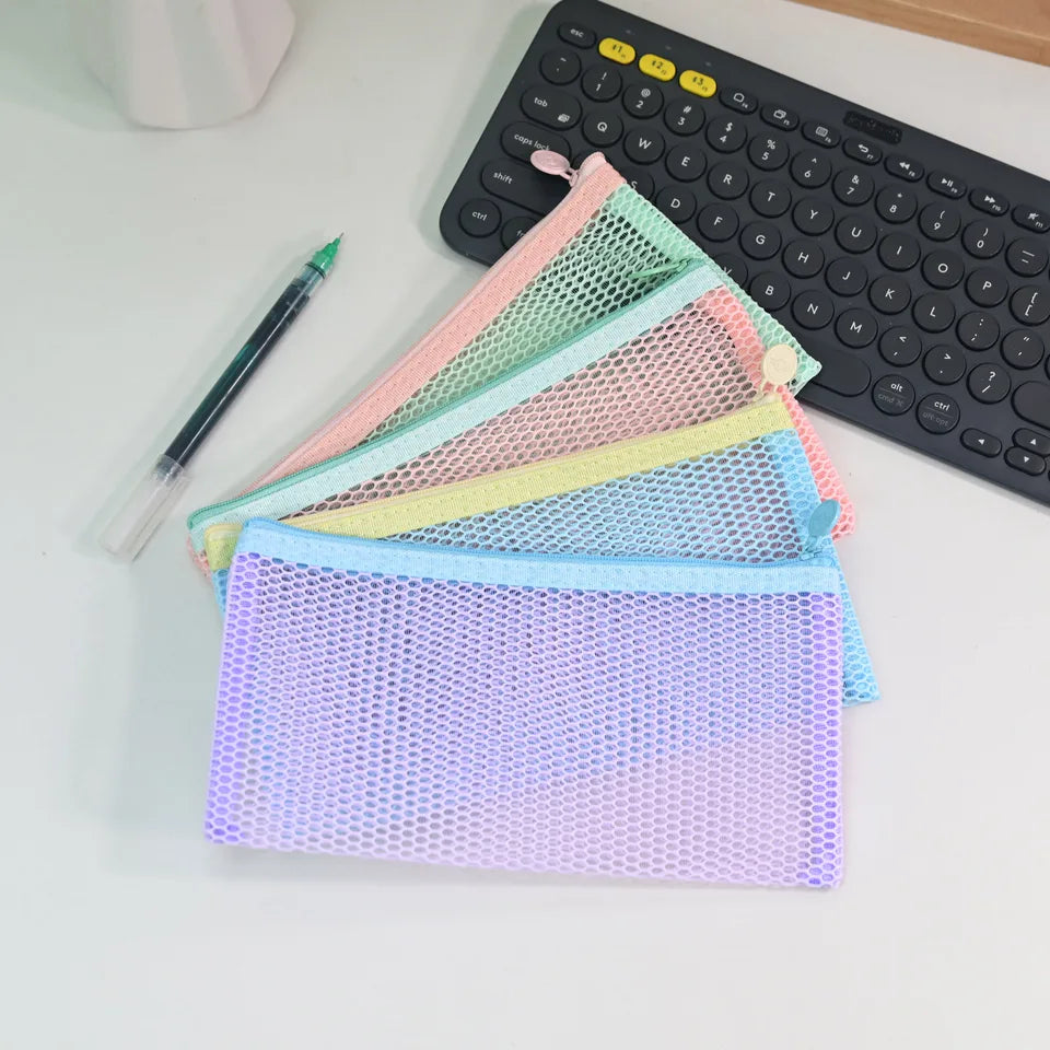 Macaron Mesh Zipper Pouch 5 Colors, Honeycomb Mesh Pencil Case, Portable Document Stationery Storage Bag for School Office Trave