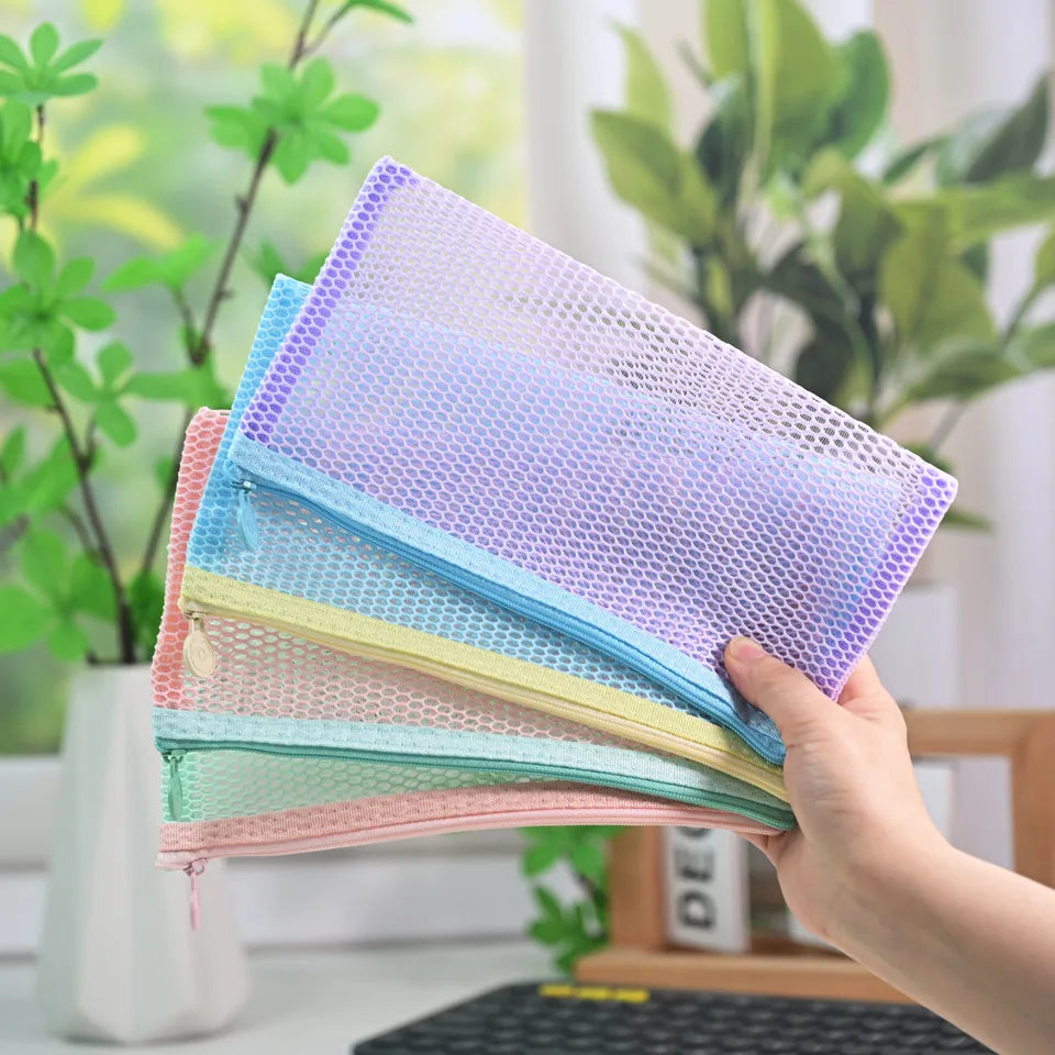 Macaron Mesh Zipper Pouch 5 Colors, Honeycomb Mesh Pencil Case, Portable Document Stationery Storage Bag for School Office Trave